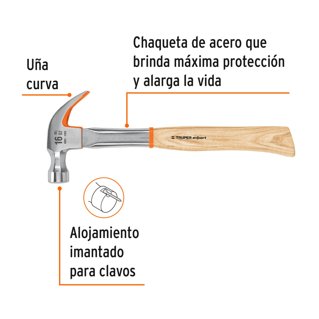 Martillo profesional pulido espejo 16 oz uña curva, TRUPER Expert MO-16X (16653)