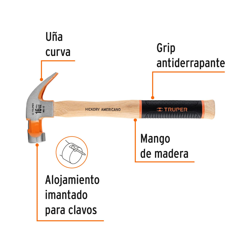 Martillo pulido 16 oz uña curva, mango hickory, TRUPER Grip MO-16 (16654)