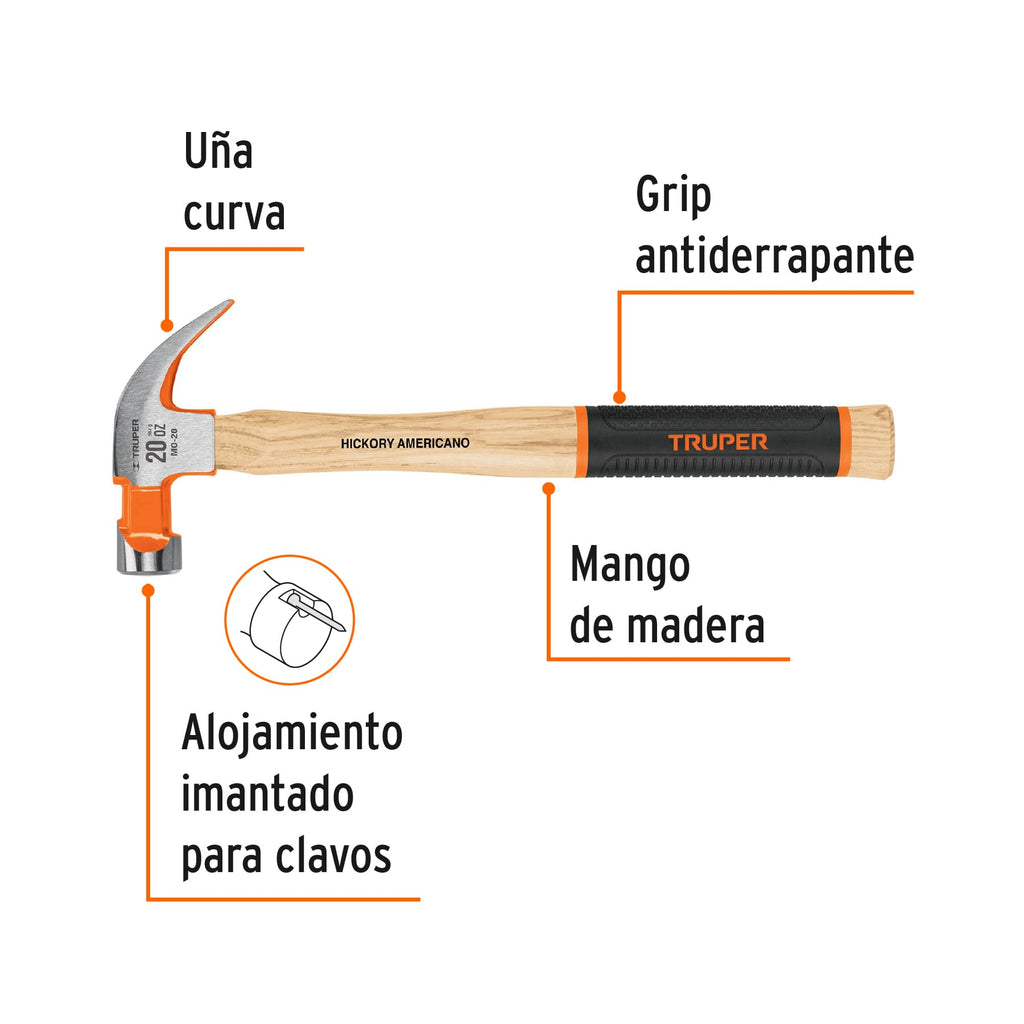 Martillo pulido 20 oz uña curva, mango hickory, TRUPER Grip MO-20 (16656)
