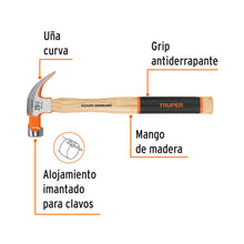 Cargar imagen en el visor de la galería, Martillo pulido 20 oz uña curva, mango hickory, TRUPER Grip MO-20 (16656)