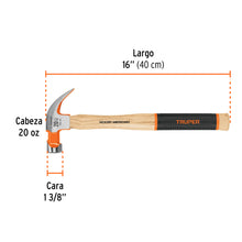 Cargar imagen en el visor de la galería, Martillo pulido 20 oz uña curva, mango hickory, TRUPER Grip MO-20 (16656)
