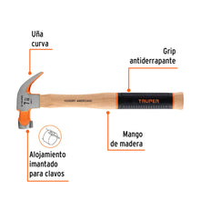 Cargar imagen en el visor de la galería, Martillo pulido 7 oz uña curva, mango hickory, TRUPER Grip MO-7 (16650)