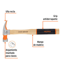 Cargar imagen en el visor de la galería, Martillo pulido 10 oz uña recta, mango hickory, TRUPER Grip MOR-10 (19711)