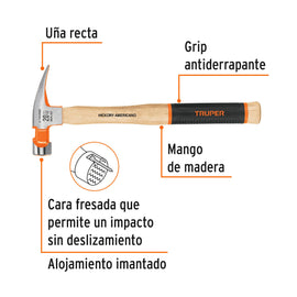 Martillo pulido 20 oz uña recta, boca fresada, TRUPER Grip MOR-20F (16663)