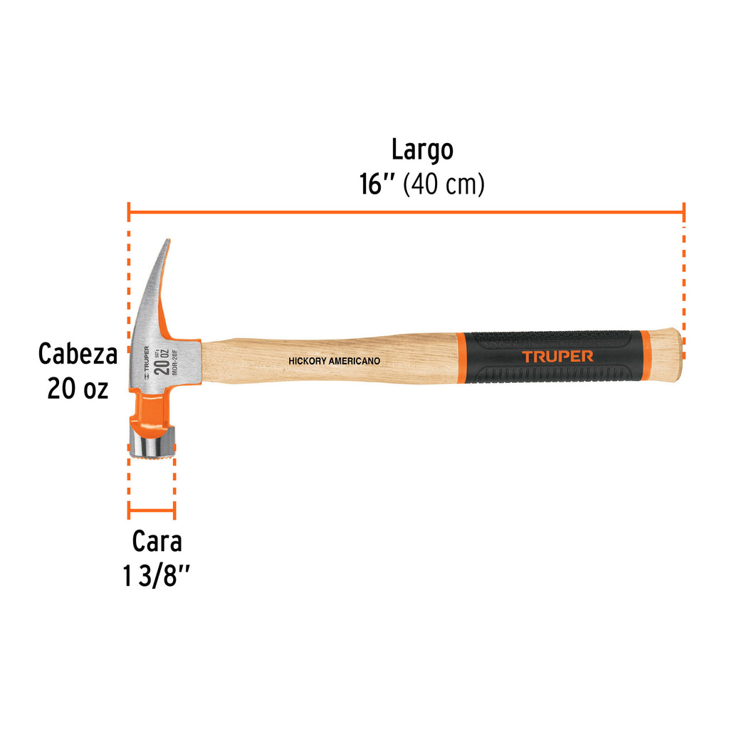Martillo pulido 20 oz uña recta, boca fresada, TRUPER Grip MOR-20F (16663)