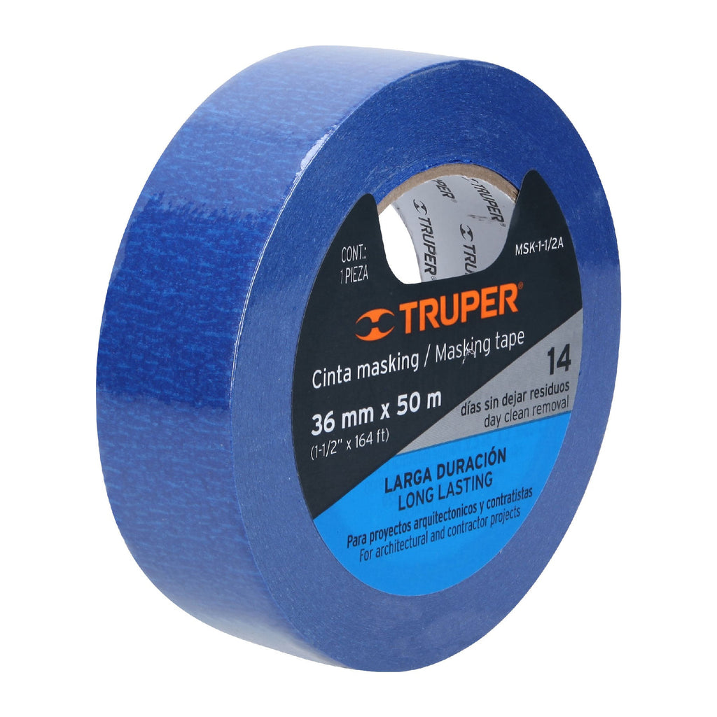 Cinta masking tape azul de 1-1/2" x 50 m para pintor, TRUPER MSK-1  1/2A (12623)