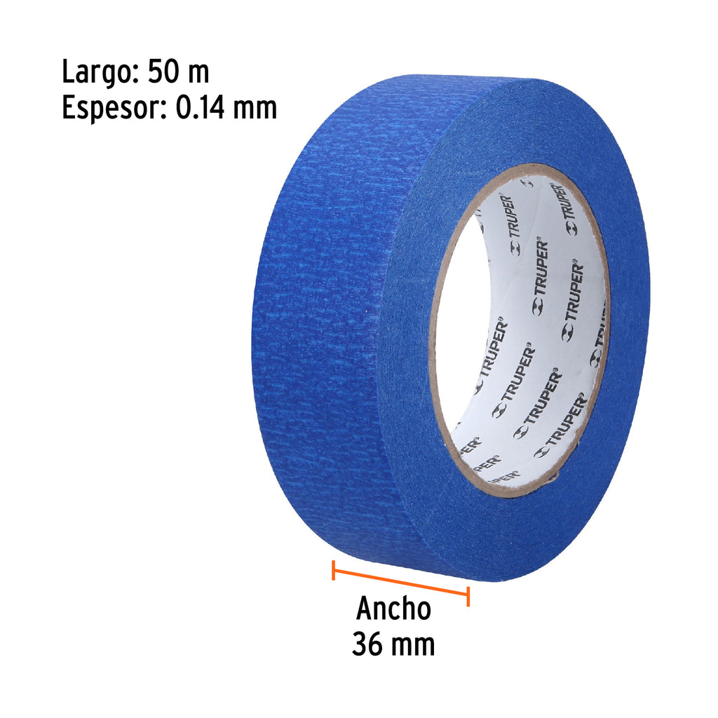 Cinta masking tape azul de 1-1/2" x 50 m para pintor, TRUPER MSK-1  1/2A (12623)