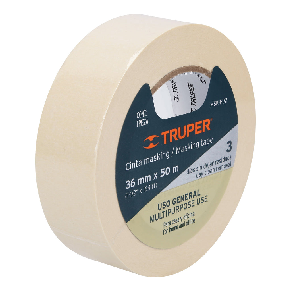 Cinta masking tape de 1-1/2" x 50 m, TRUPER MSK-1-1/2 (12592)