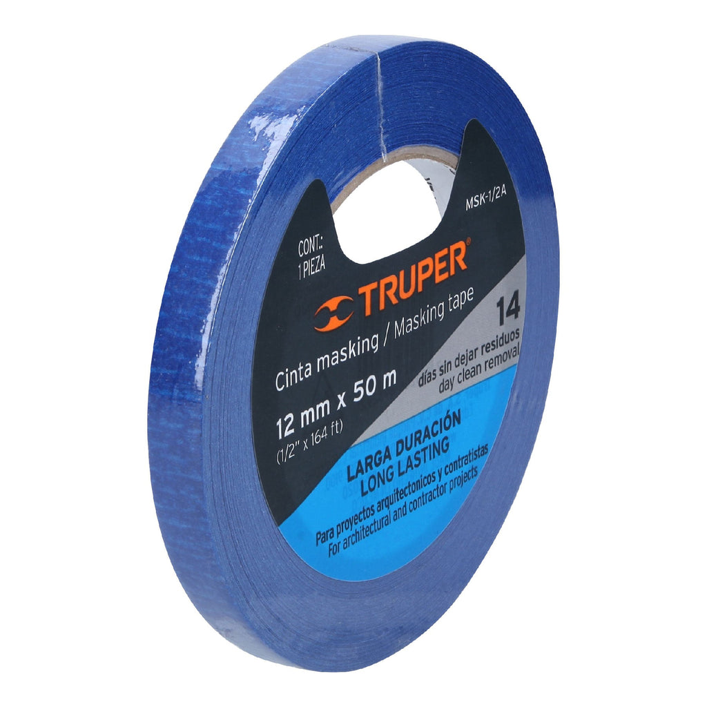 Cinta masking tape azul de 1/2" x 50 m para pintor, TRUPER MSK-1/2A (12620)