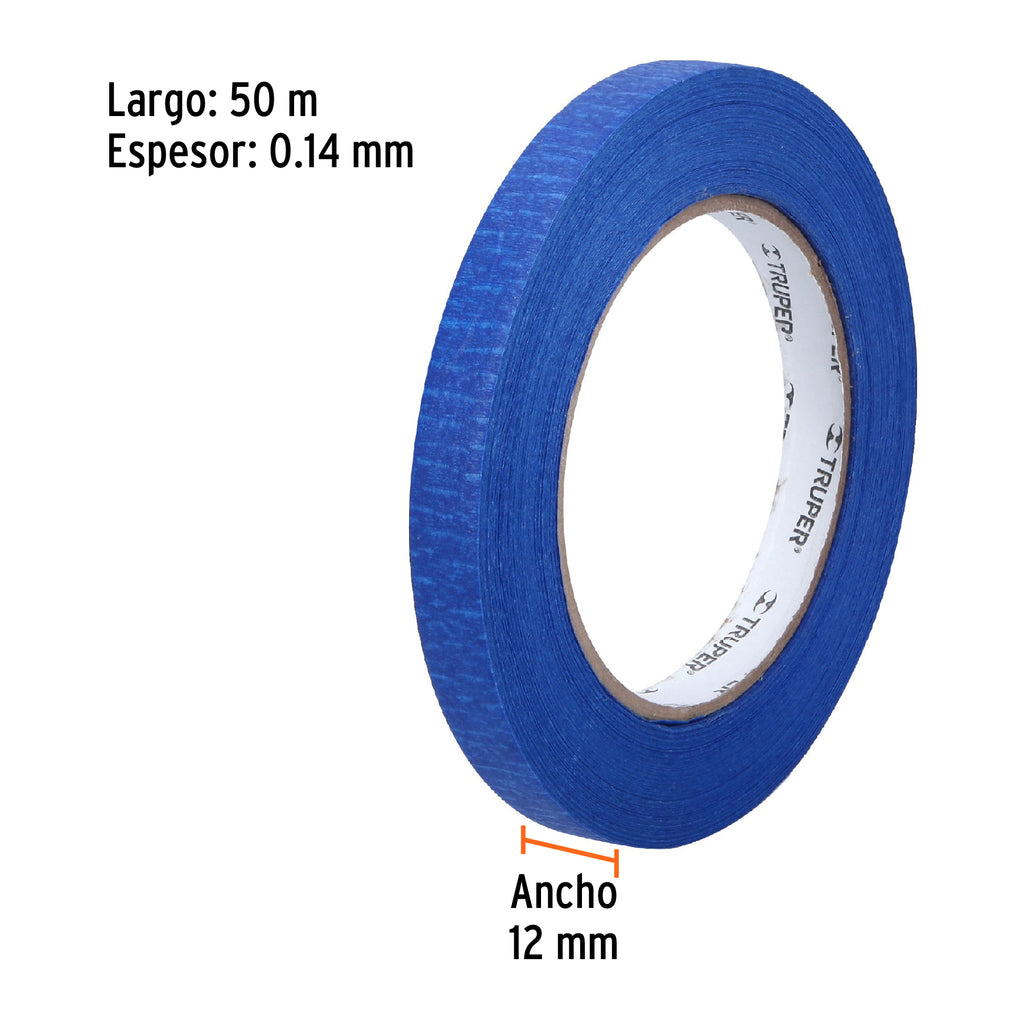 Cinta masking tape azul de 1/2" x 50 m para pintor, TRUPER MSK-1/2A (12620)