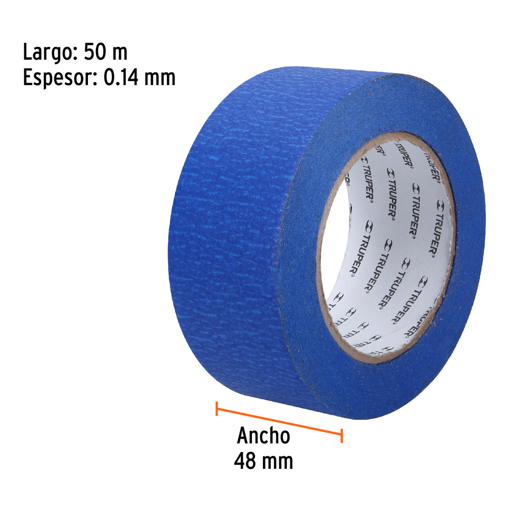 Cinta masking tape azul de 2" x 50 m para pintor, TRUPER MSK-2A (12624)