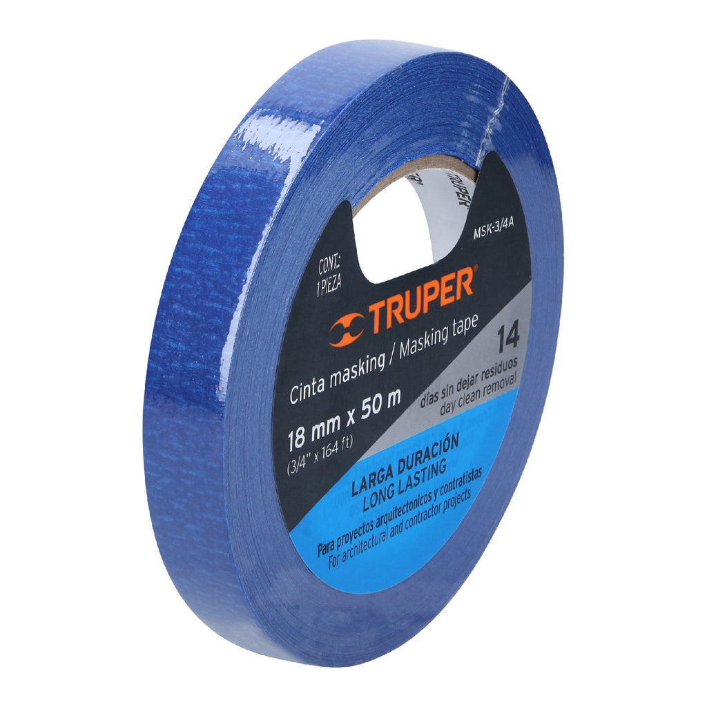 Cinta masking tape azul de 3/4" x 50 m para pintor, TRUPER MSK-3/4A (12621)