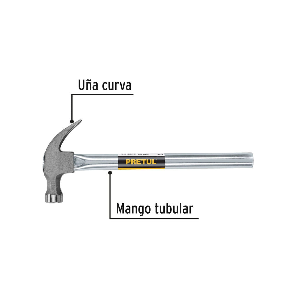 Martillo uña curva 16 oz, mango tubular, PRETUL MT-16P (20595)