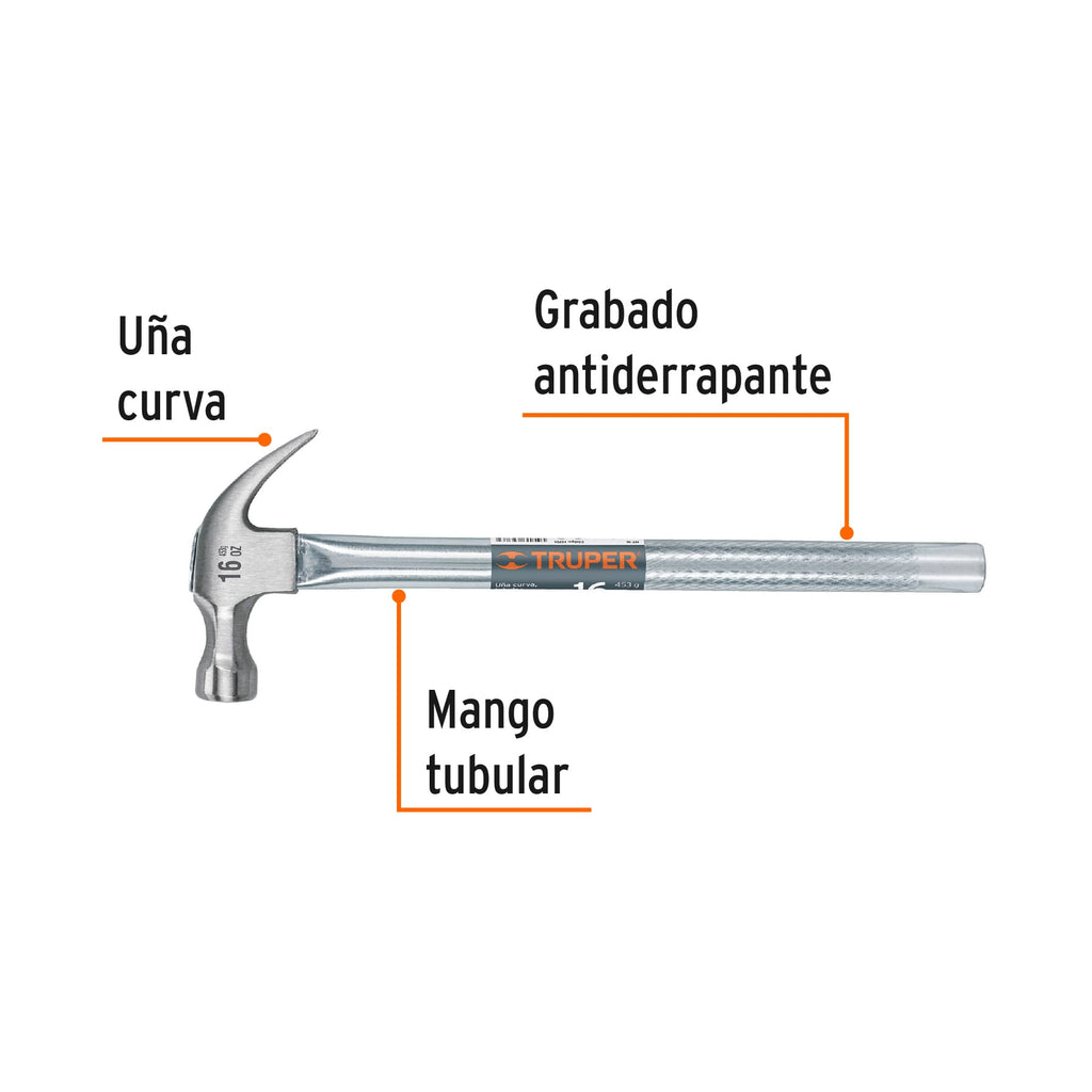 Martillo tubular pulido 16 oz uña curva, TRUPER MT-16 (16701)