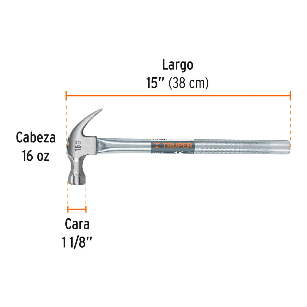 Martillo tubular pulido 16 oz uña curva, TRUPER MT-16 (16701)