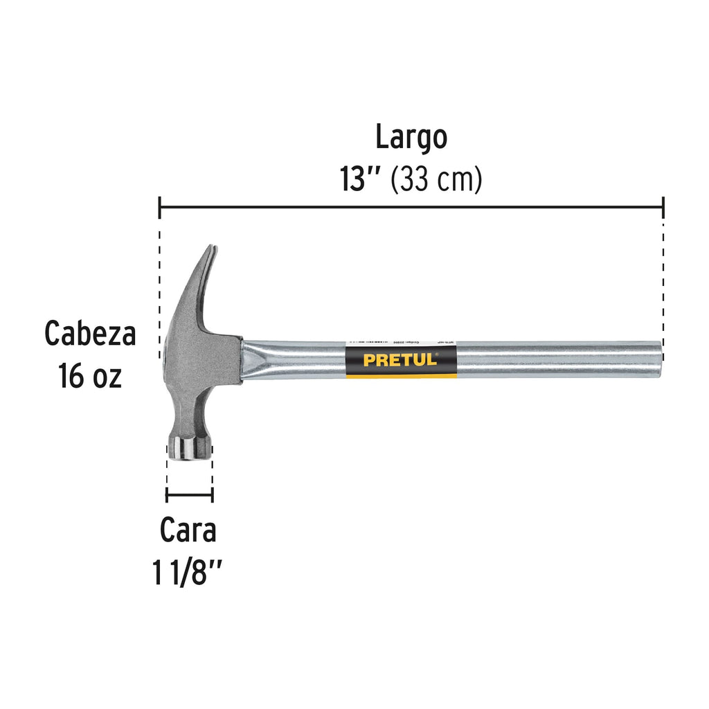 Martillo uña recta 16 oz, mango tubular, Pretul MTR-16P (20596)