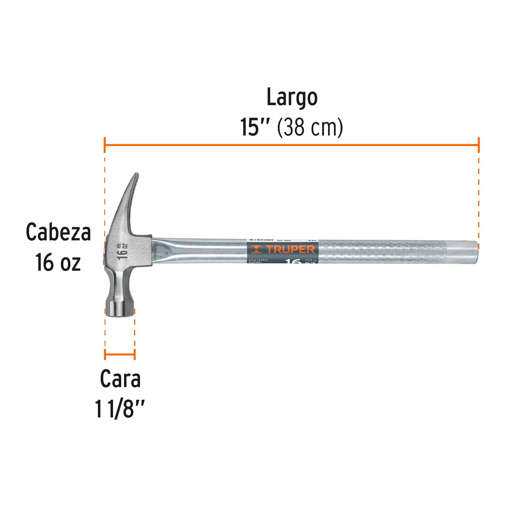 Martillo tubular pulido 16 oz uña recta, TRUPER MTR-16 (16702)