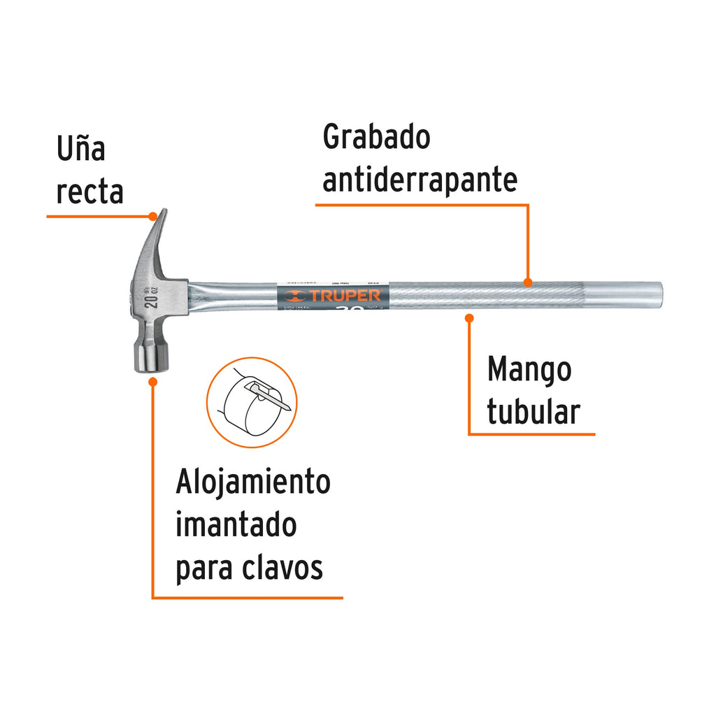 Martillo tubular pulido 20 oz alojamiento imantado uña recta TRUPER MTR-20X (16661)