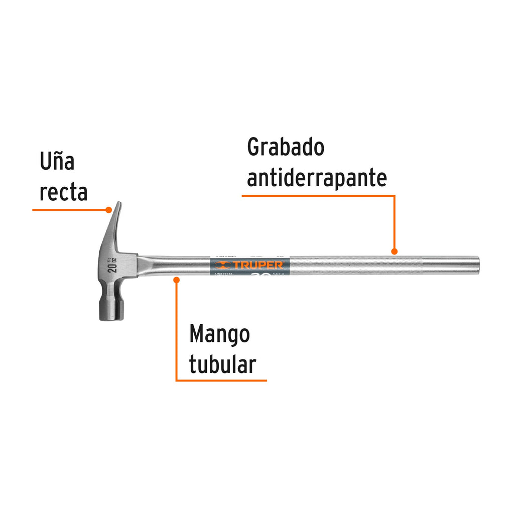 Martillo tubular pulido 20 oz uña recta, TRUPER MTR-20 (16703)