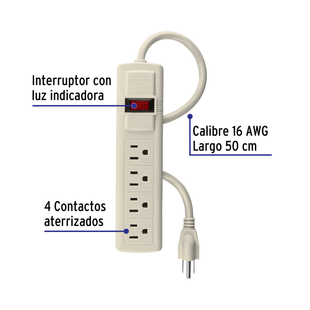 Multicontacto 16 AWG uso rudo con 4 entradas, VOLTECK MUL-4 (47181)