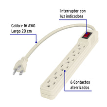 Cargar imagen en el visor de la galería, Multicontacto 16 AWG doméstico 6 entradas, VOLTECK  MUL-6E (47188)