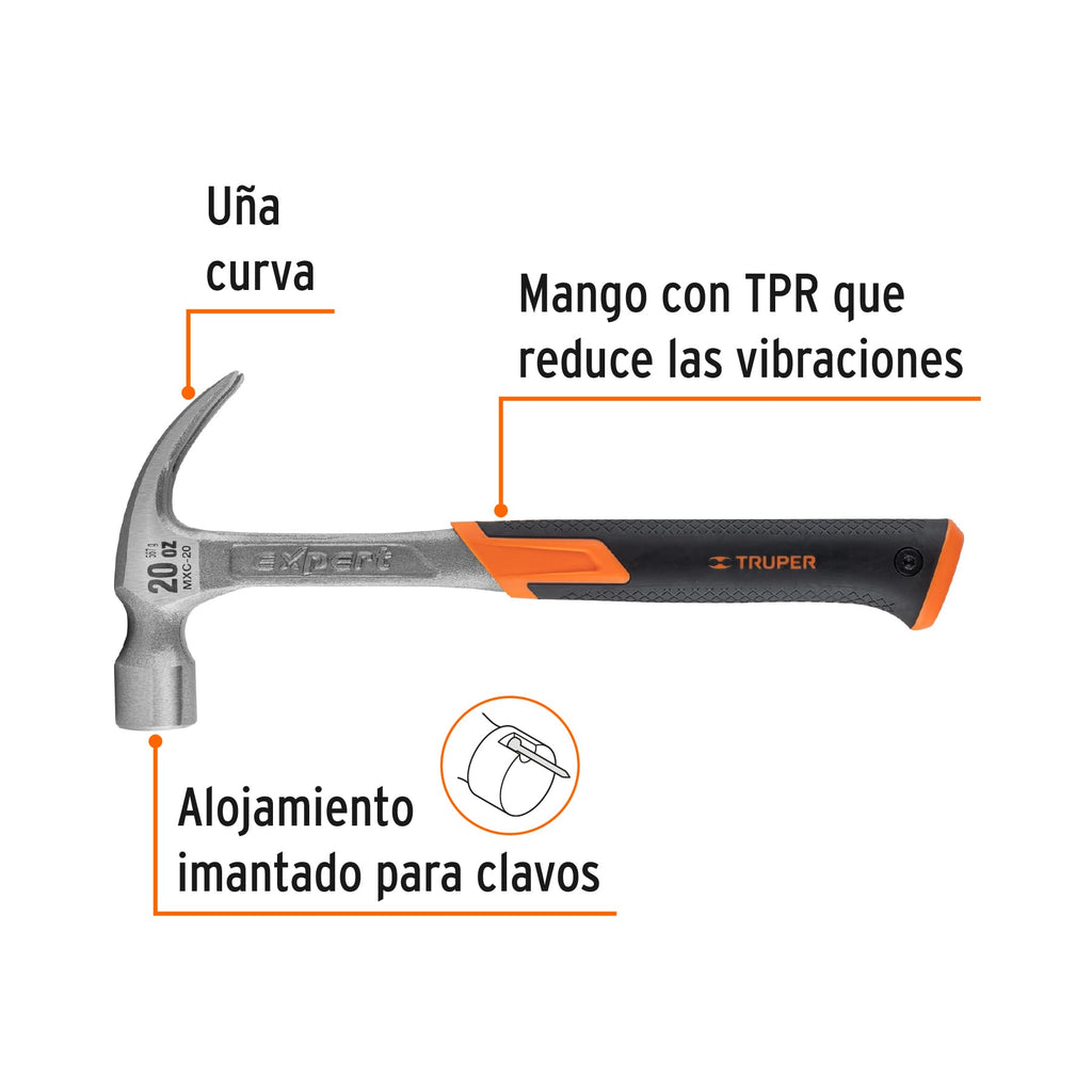 Martillo forjado 20 oz uña curva, mango con neopreno, TRUPER Expert MXC-20 (16820)
