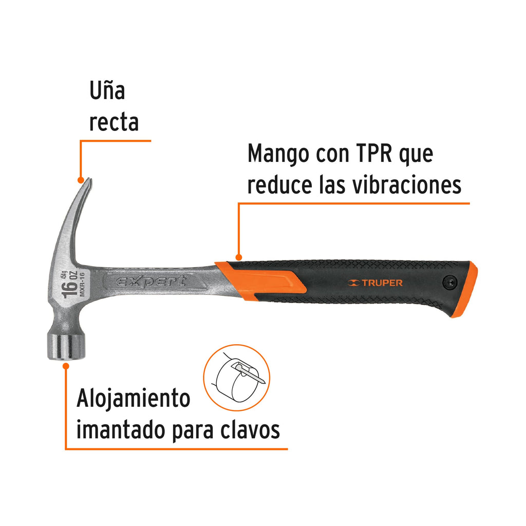 Martillo forjado 16 oz uña recta, mango con neopreno, TRUPER Expert MXR-16 (17857)