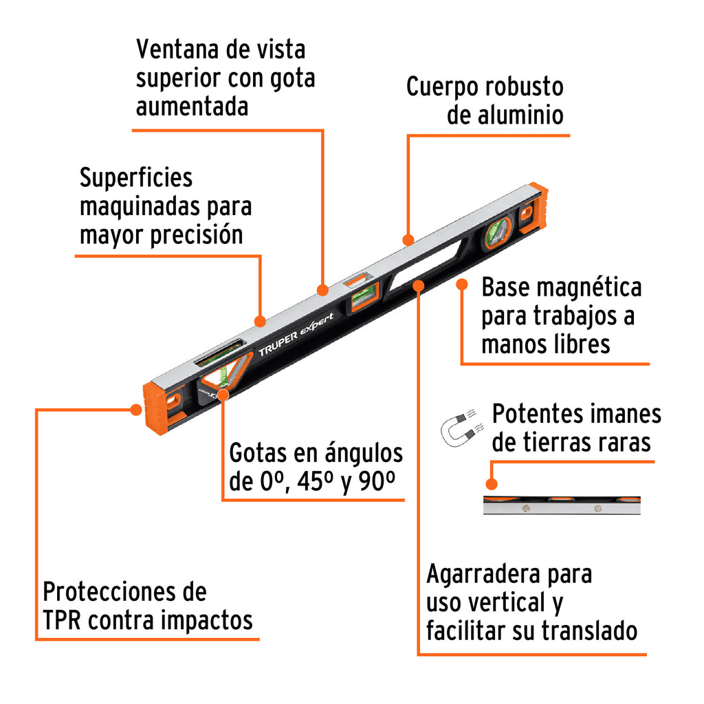 Nivel profesional magnético de 24" c/protección TPR, TRUPER Expert NP-24X (14626)