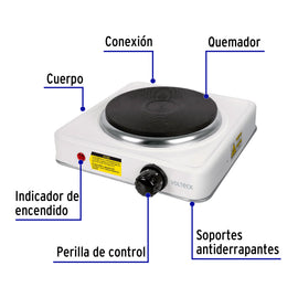 Parrilla eléctrica 1 quemador de disco, blanca, VOLTECK PAEL-1CD (49989)