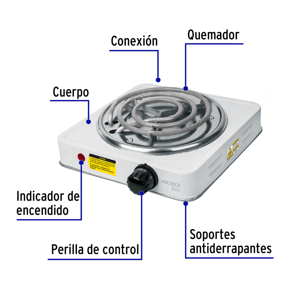 Parrilla eléctrica 1 quemador en espiral, blanca, BASIC, VOLTECK PAEL-1CP (23031)