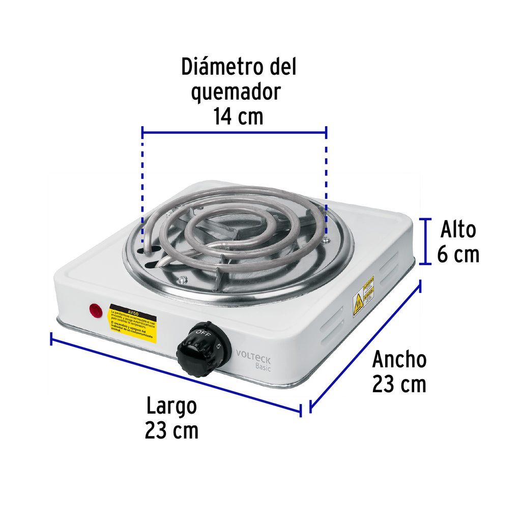 Parrilla eléctrica 1 quemador en espiral, blanca, BASIC, VOLTECK PAEL-1CP (23031)