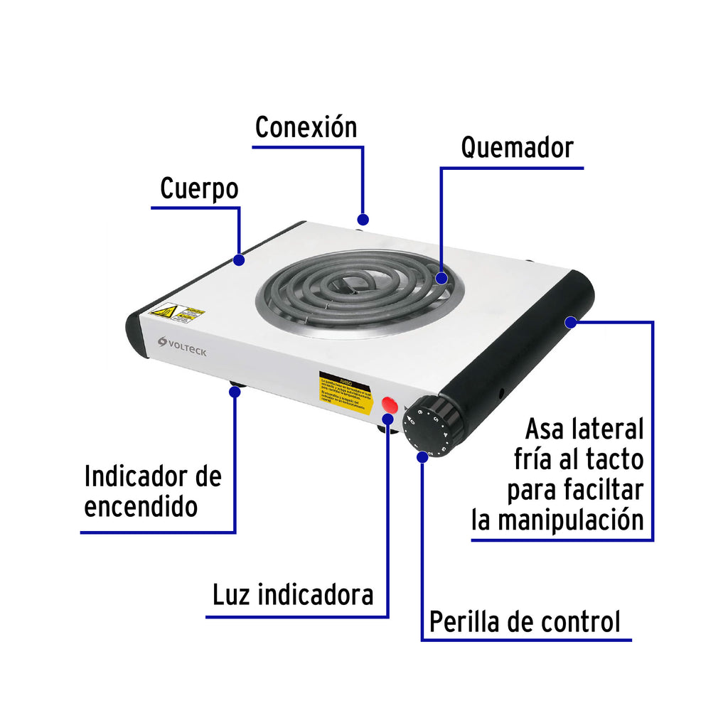 Parrilla eléctrica 1 quemador en espiral, blanca, VOLTECK PAEL-1C (48126)