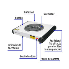 Cargar imagen en el visor de la galería, Parrilla eléctrica 1 quemador en espiral, blanca, VOLTECK PAEL-1C (48126)