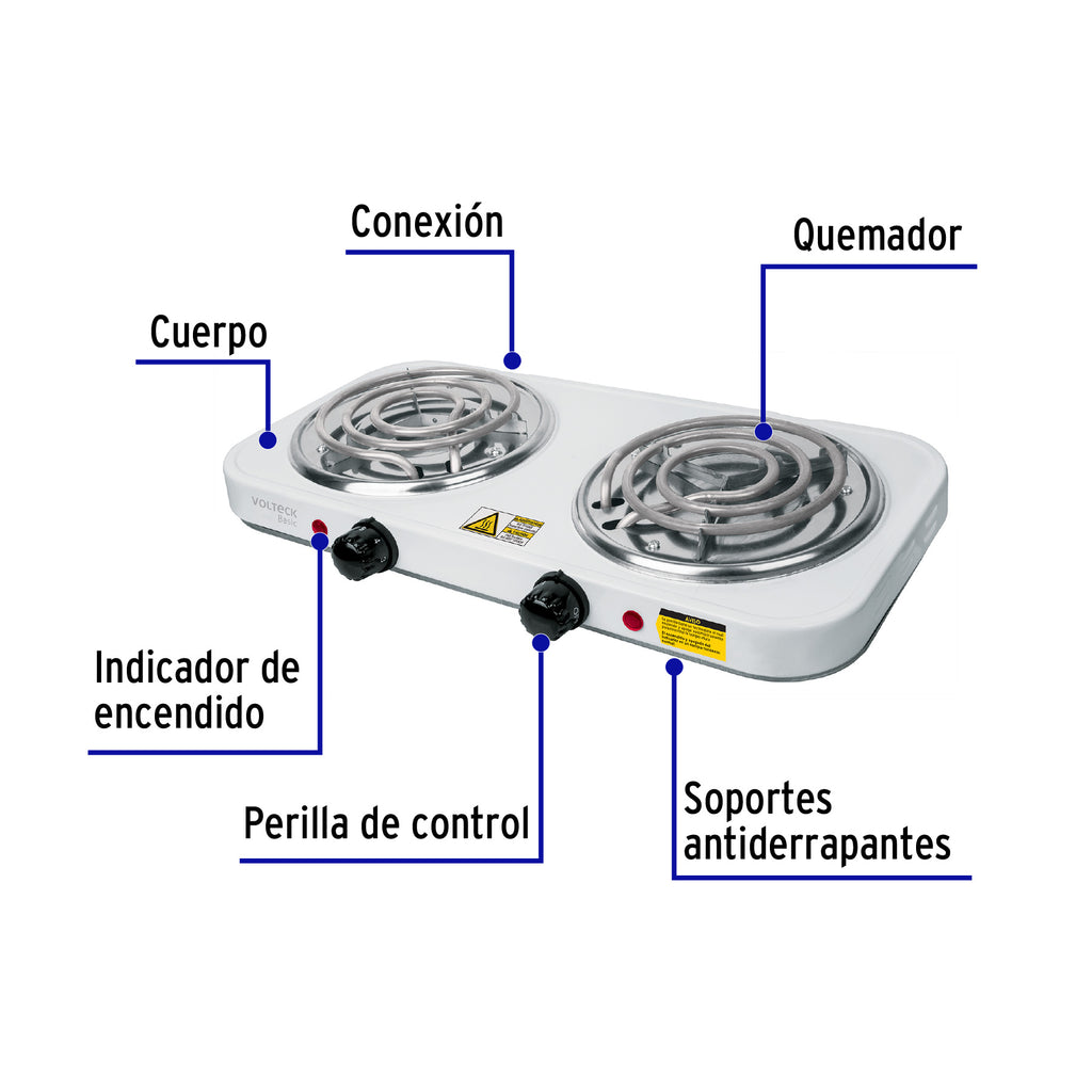 Parrilla eléctrica 2 quemadores en espiral, blanca, BASIC, VOLTECK PAEL-2CP (23032)