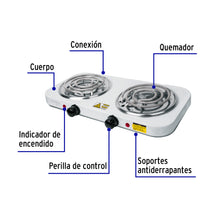 Cargar imagen en el visor de la galería, Parrilla eléctrica 2 quemadores en espiral, blanca, BASIC, VOLTECK PAEL-2CP (23032)