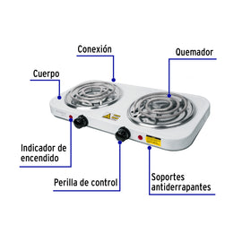 Parrilla eléctrica 2 quemadores en espiral, blanca, BASIC, VOLTECK PAEL-2CP (23032)
