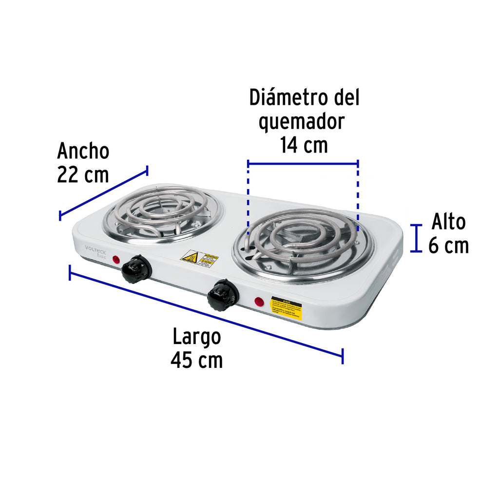 Parrilla eléctrica 2 quemadores en espiral, blanca, BASIC, VOLTECK PAEL-2CP (23032)