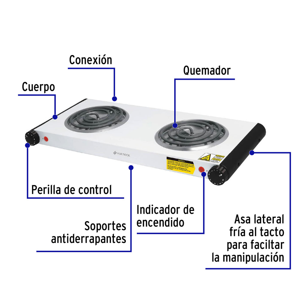 Parrilla eléctrica 2 quemadores en espiral, blanca, VOLTECK PAEL-2C (48127)