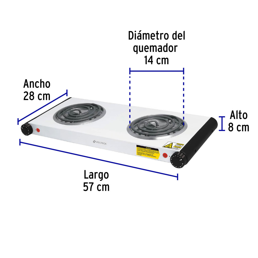 Parrilla eléctrica 2 quemadores en espiral, blanca, VOLTECK PAEL-2C (48127)