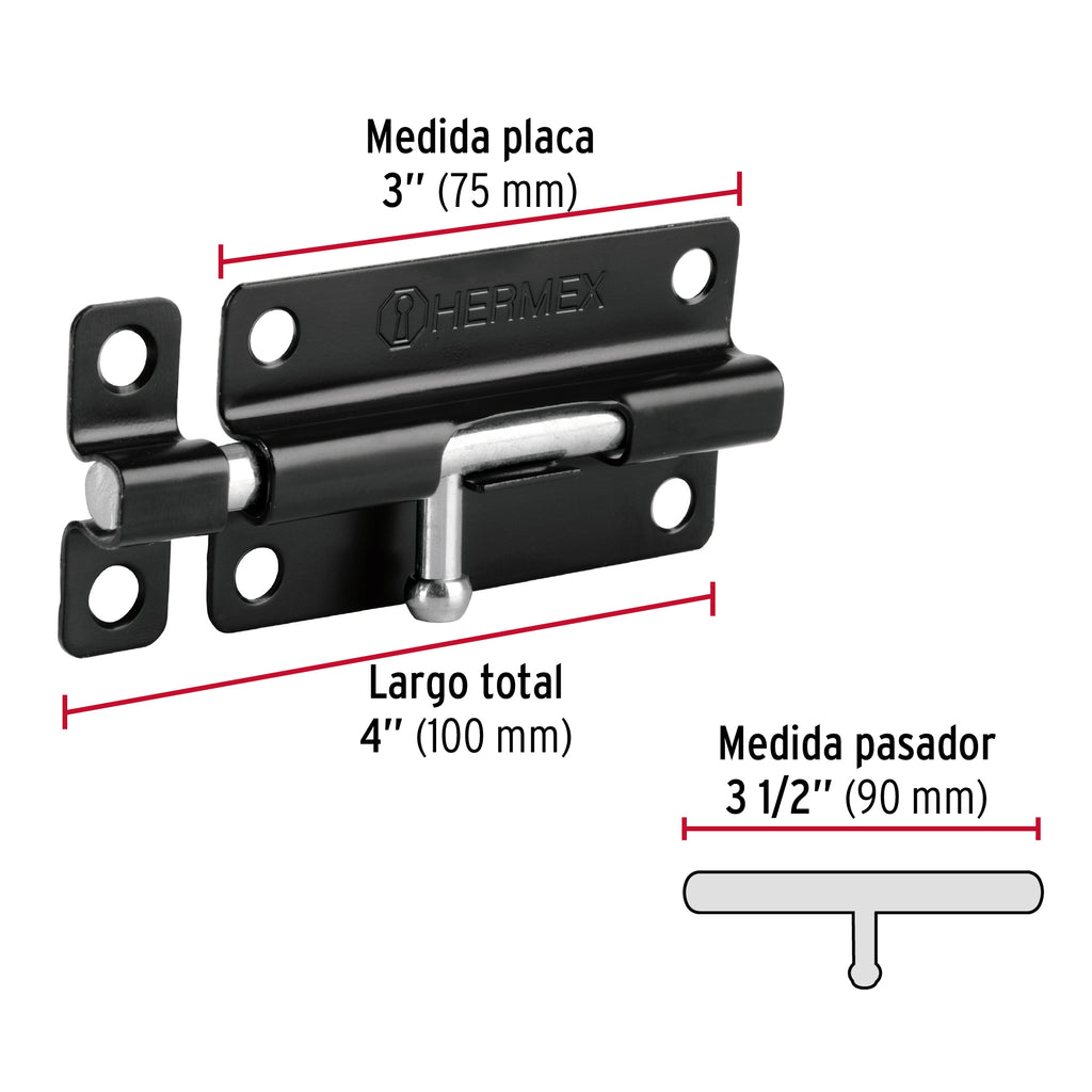 Pasador de barril 4" de acero acabado negro, HERMEX PAS-46 (43695)