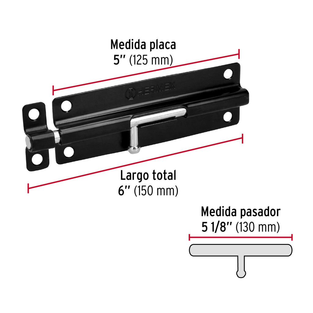 Pasador de barril 6" de acero acabado negro, HERMEX PAS-66 (43697)