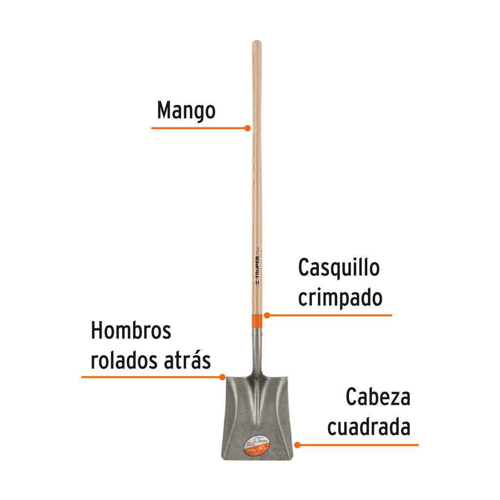 Pala cuadrada Classic, mango largo 48", TRUPER PCL (17170)
