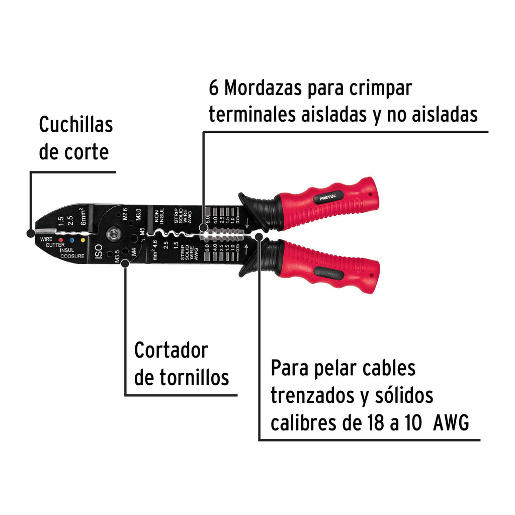 Pinza 9" pela cables, 18 a 10 AWG, PRETUL PE-CA-9P (22710)