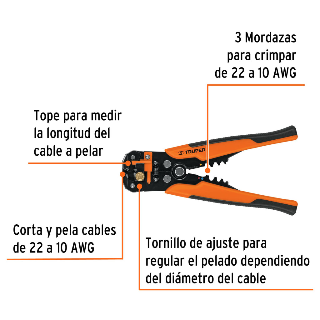 Pinza 8" pela cables automática, 22 a 10 AWG, TRUPER PEC-AUT (17360)