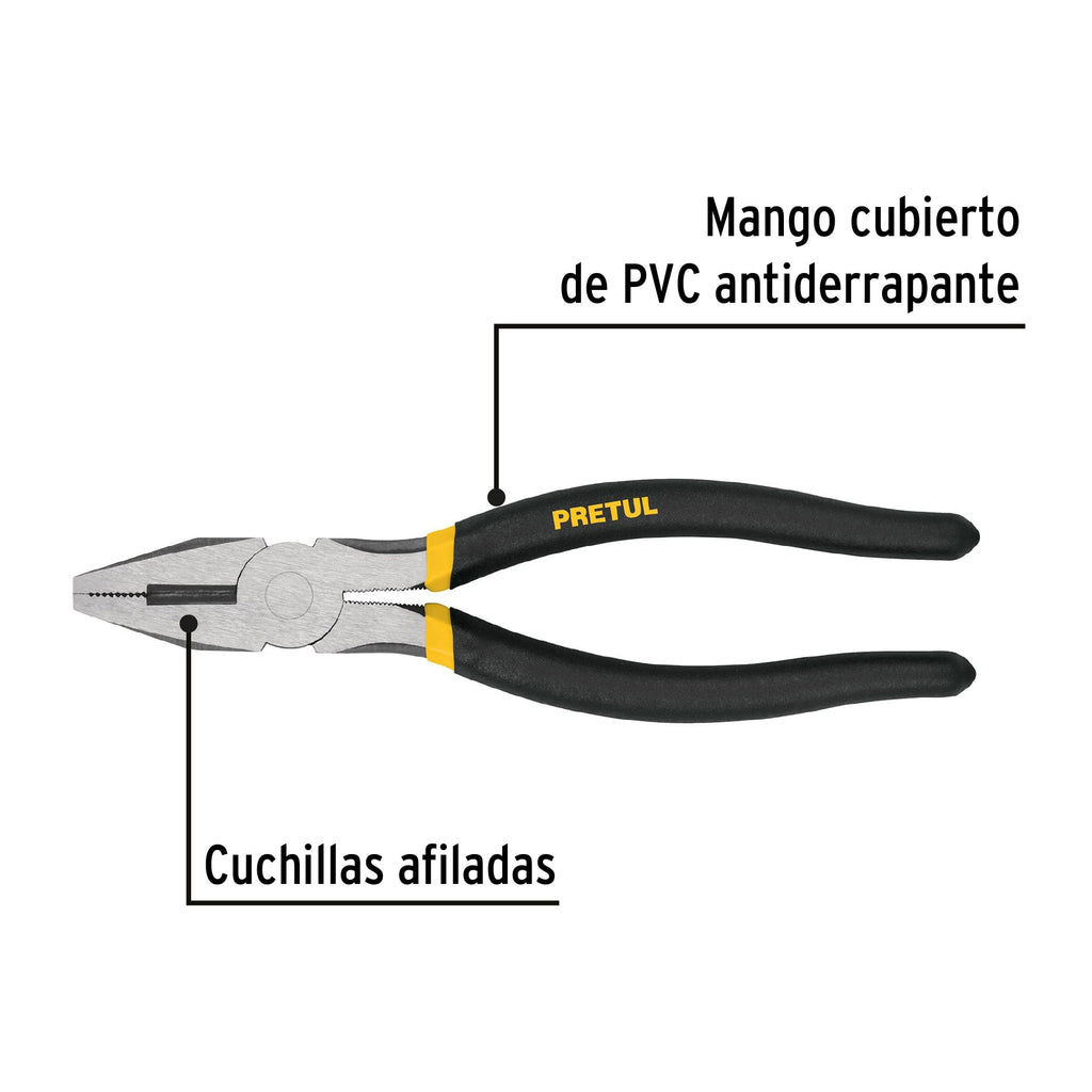 Pinza para electricista 8" mango de vinil, a granel, PRETUL  PEL-8PG (22708)