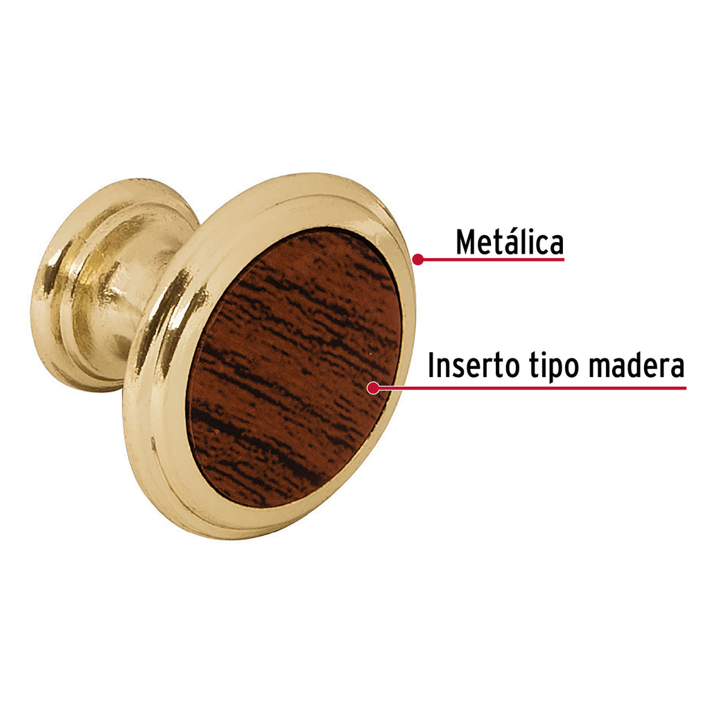 Perilla para mueble metálica acabado latón brillante, inserto cerámico, HERMEX PER-062 (43814)