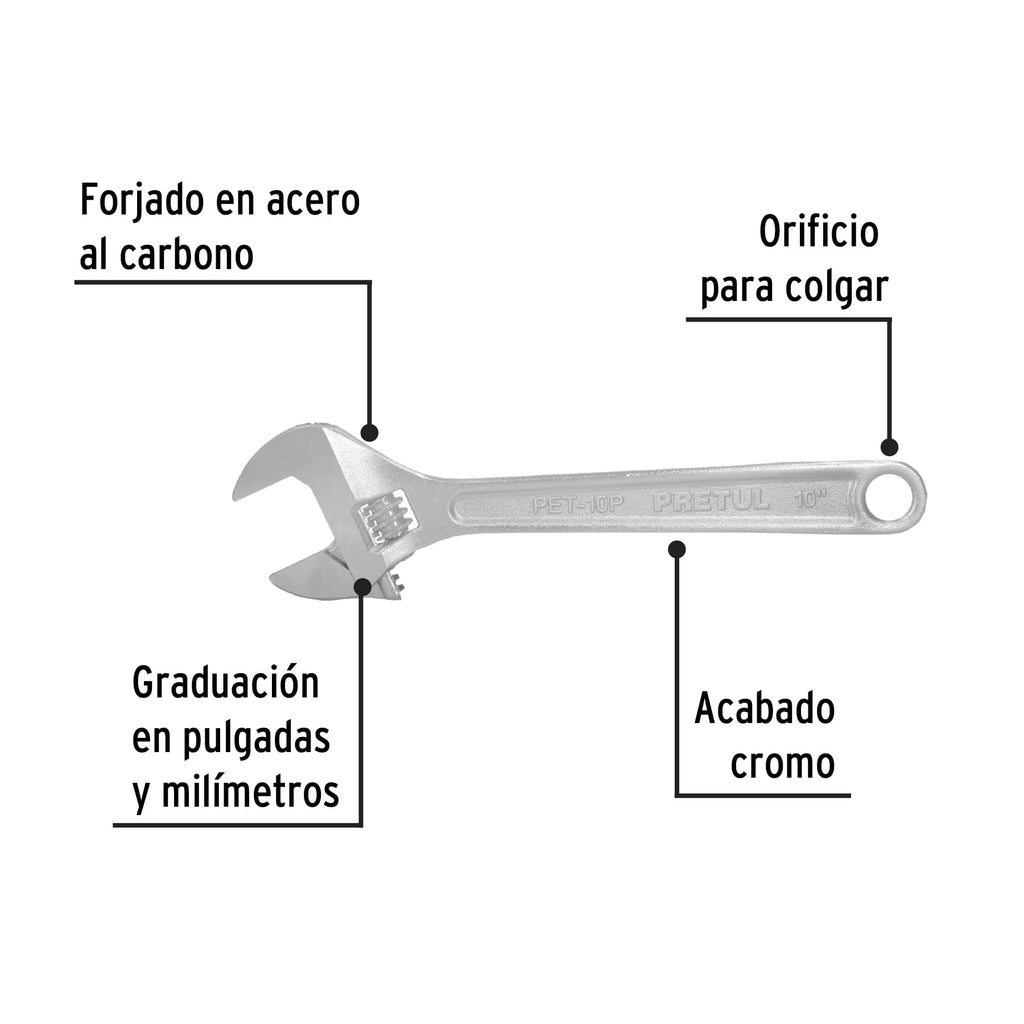 Llave ajustable (perico) 10" cromada, PRETUL PET-10P (21816)