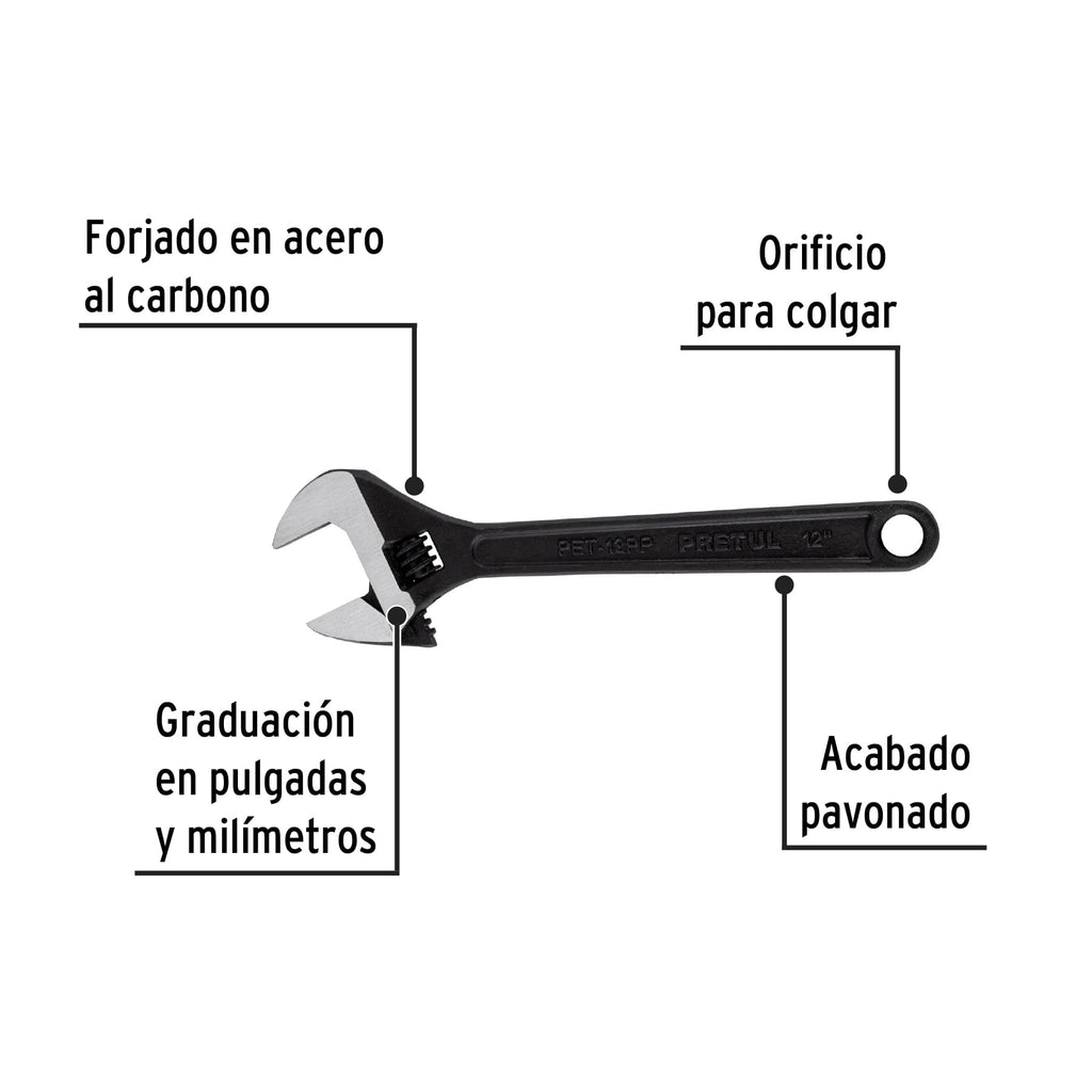 Llave ajustable (perico) 12" pavonada, PRETUL PET-12PP (21825)