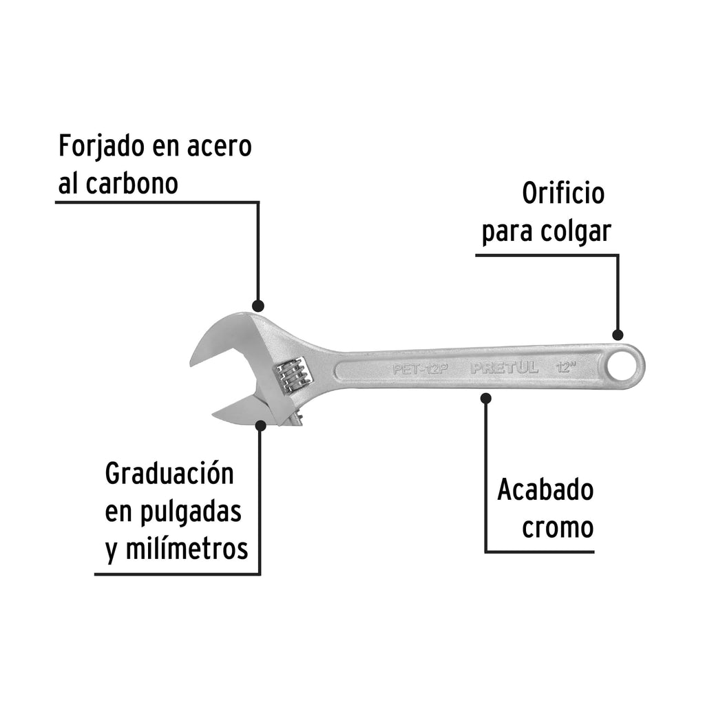 Llave ajustable (perico) 12" cromada, PRETUL PET-12P (21817)