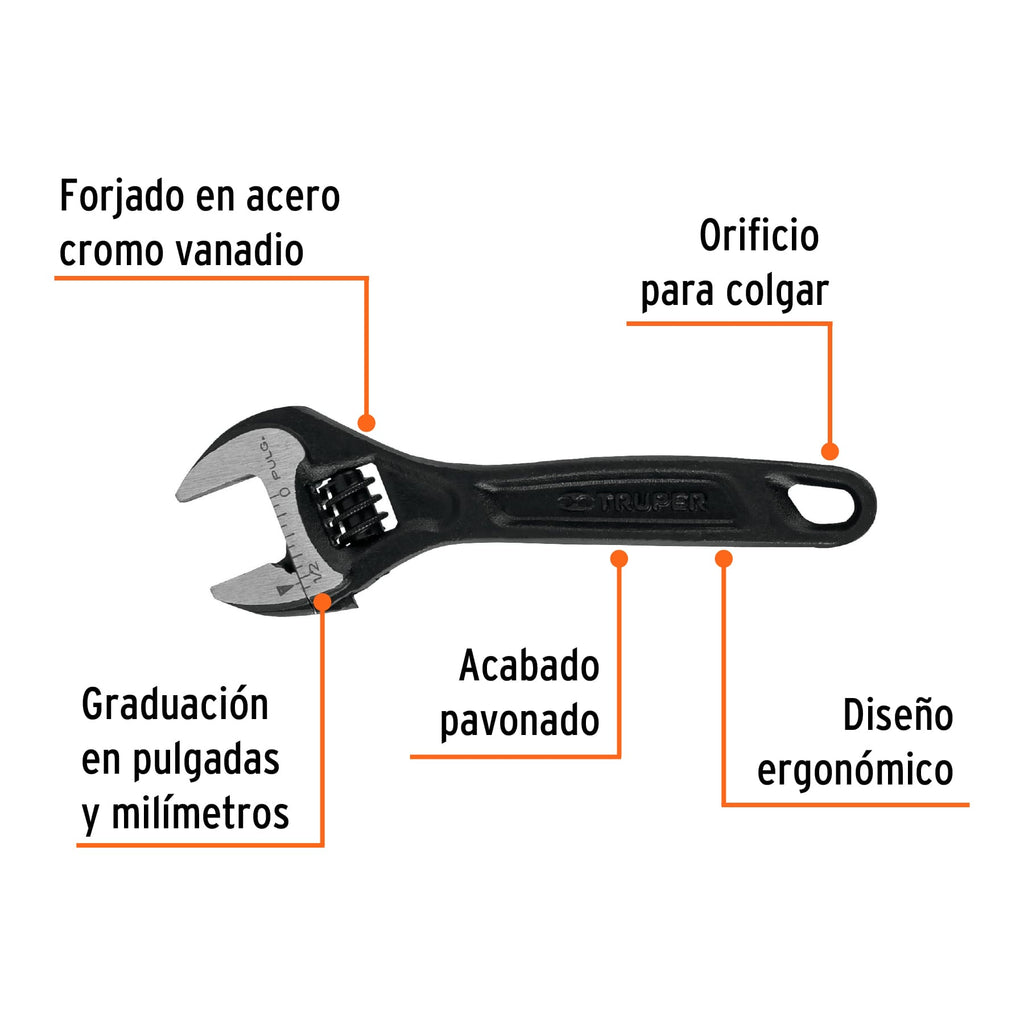 Llave perica 4" profesional pavonada, TRUPER Expert PET-4 (15497)